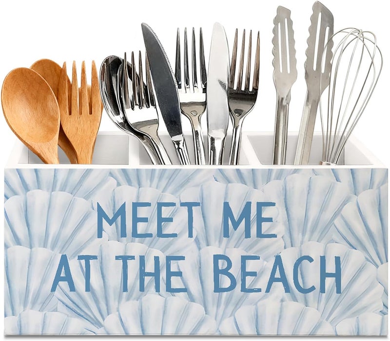 KBRCT Blue Coastal Beach Seashell Wooden Utensils Holder, Meet Me at The Beach Ocean Beachy Wood Cooking Utensil Holder Organizer for Kitchen Countertop Counter Decor Accessories - Image 1